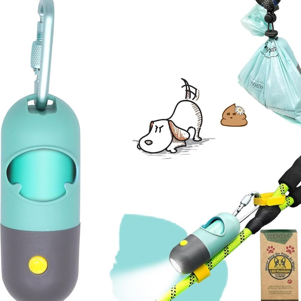 Dog Poop Bag Holder Dispenser with LED Flashlight - Night Visibility for Safe Ev